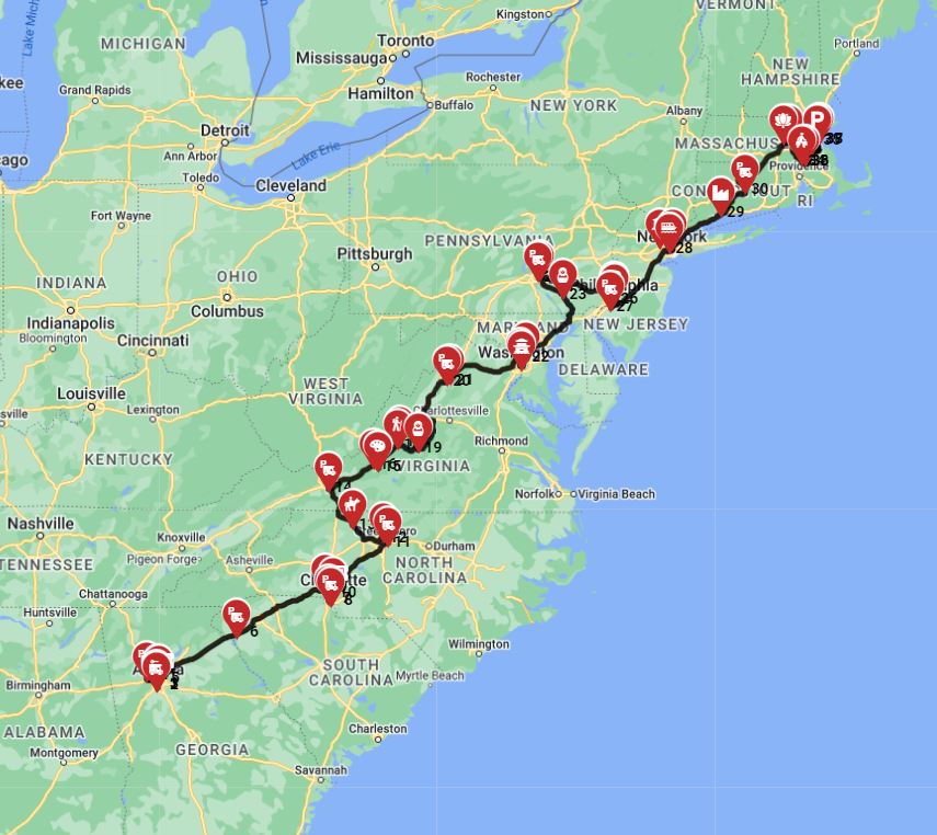 Map for Atlanta to Boston